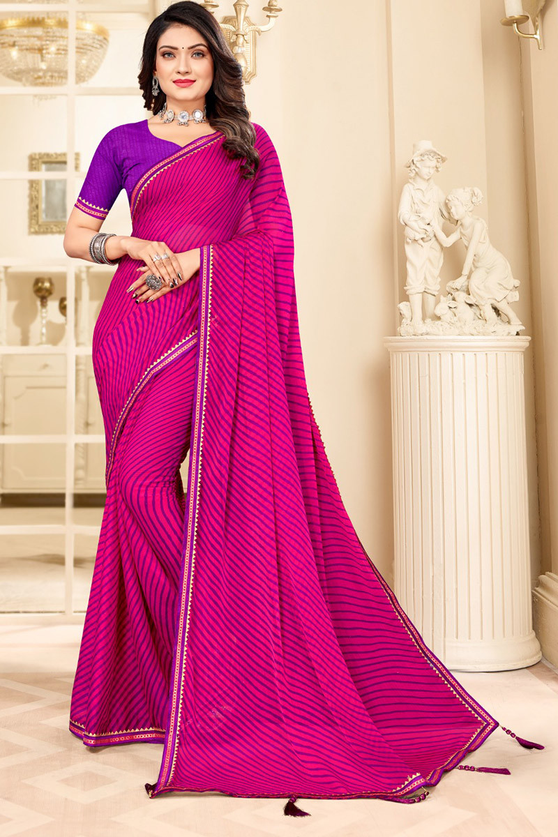 Print Leheriya Stitched Chiffon Saree