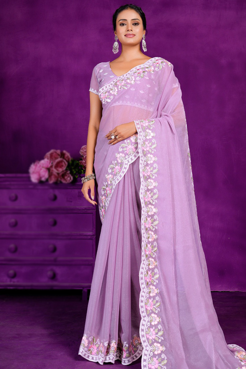 Chiffon Light Mauve Resham Thread Embroidered Shimmer Saree