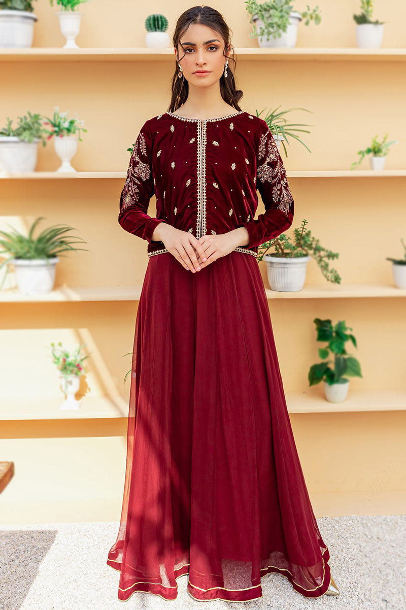 Maroon Embroidered Net Anarkali Suit – Maharani