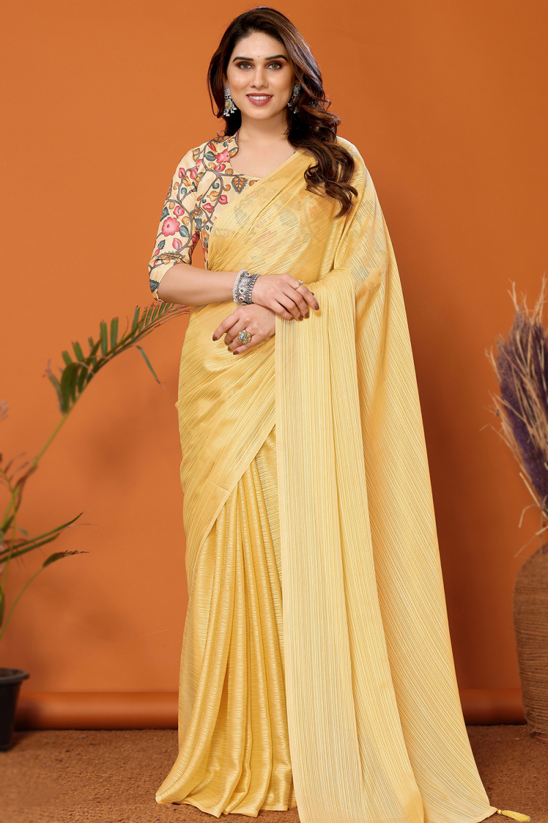 Chiffon Mustard Yellow Weaved Thread Light Weight Saree 
