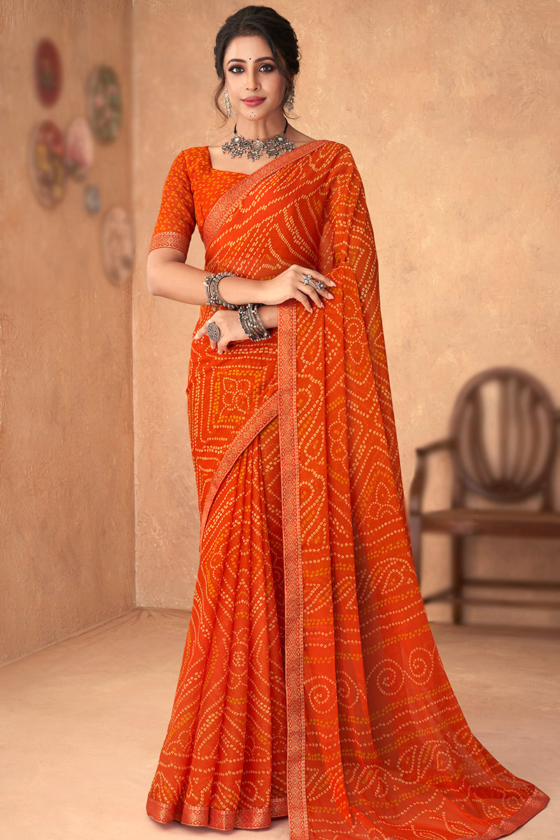 Chiffon Orange Casual Wear Saree with Bandhani Print