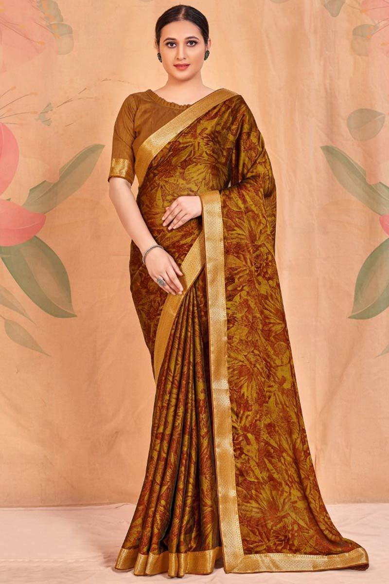 Vishal Prints Light Brown Patterned Chiffon Printed Saree With Fancy B