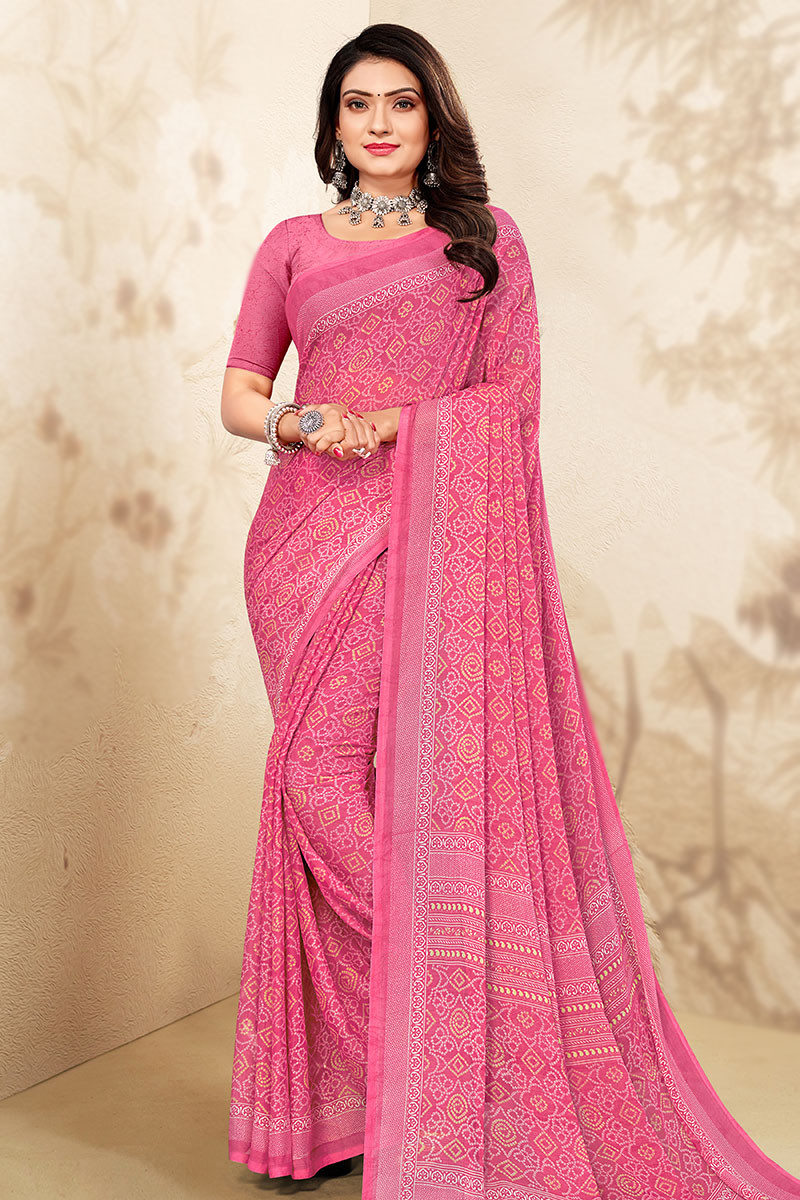 Pink & Blue Art Silk Bandhani Saree With Jacquard – Cygnus Fashion