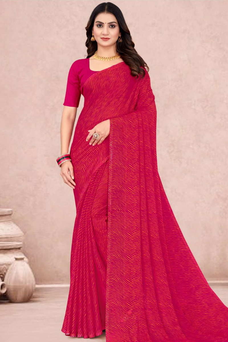 Chiffon Ruby Red Saree with Printed Work for Casual Look