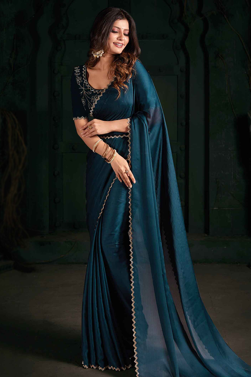Chiffon Silk Peacock Blue Stone Embellished Saree SARV174257