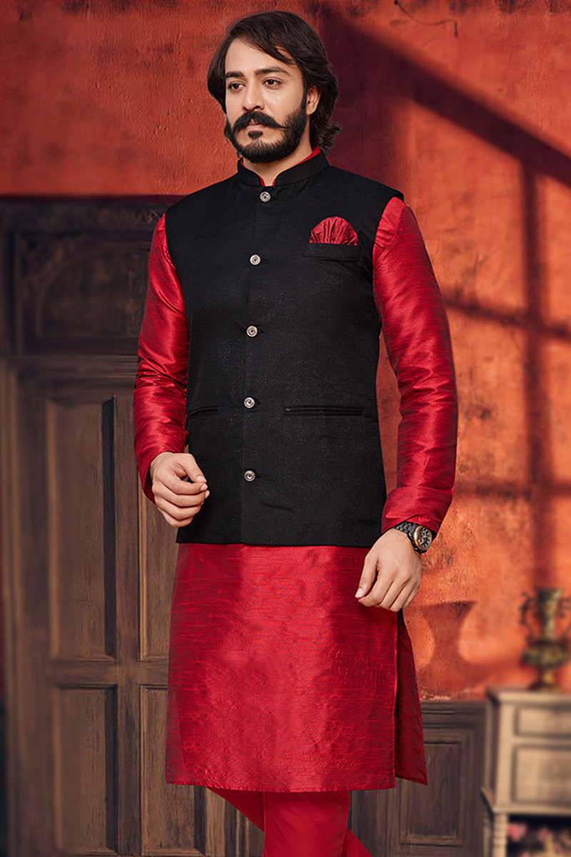 Chilly Red Plain Art Silk Jacket Style Men s Kurta MKV00572