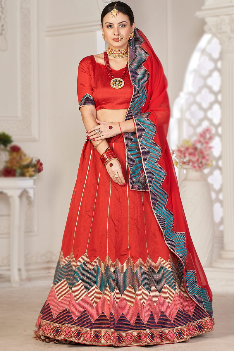 Chilly Red Taffeta Silk Embroidered Panelled Style Lehenga