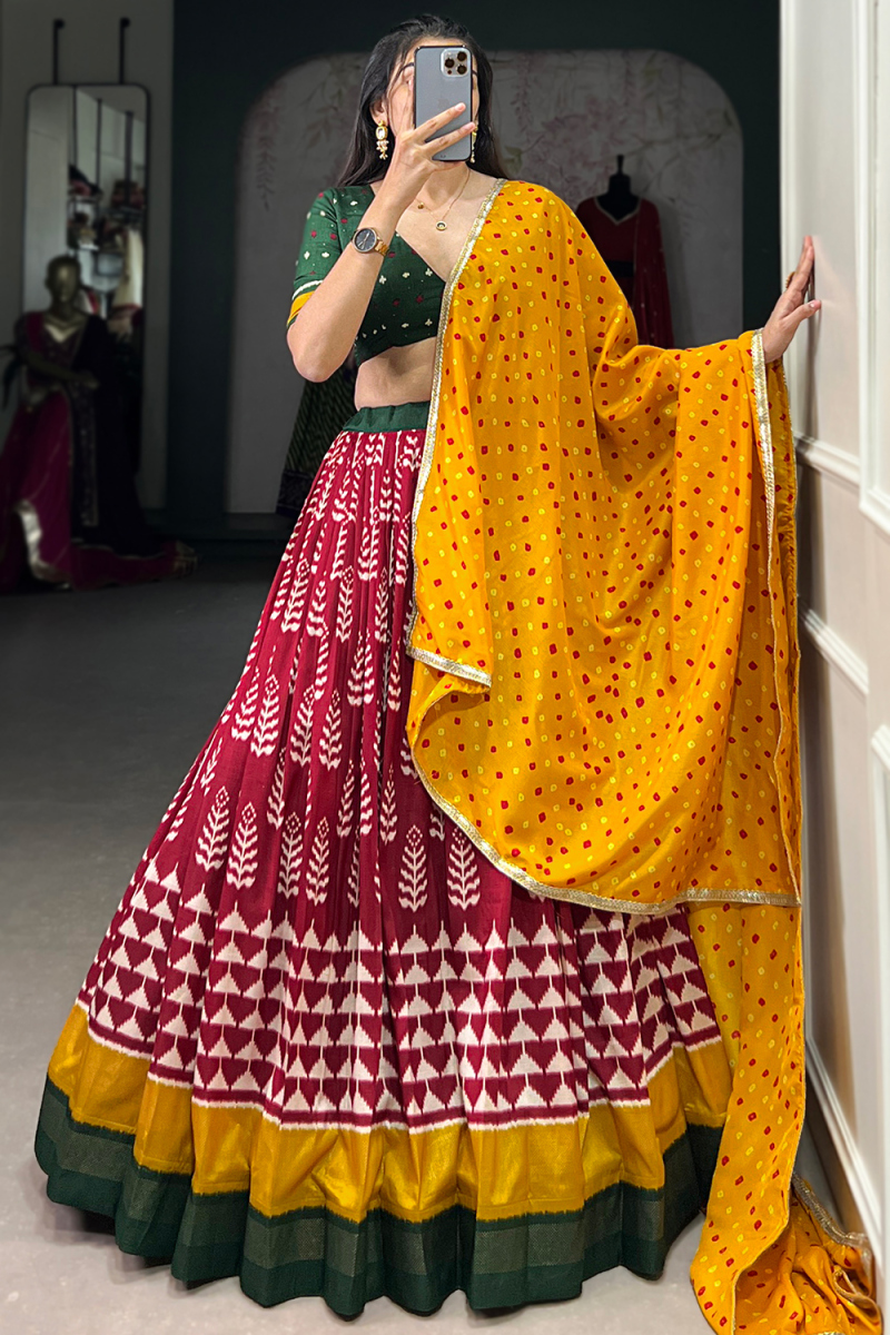 Chinnon Brick Red Lehenga with Printed Work for Diwali 