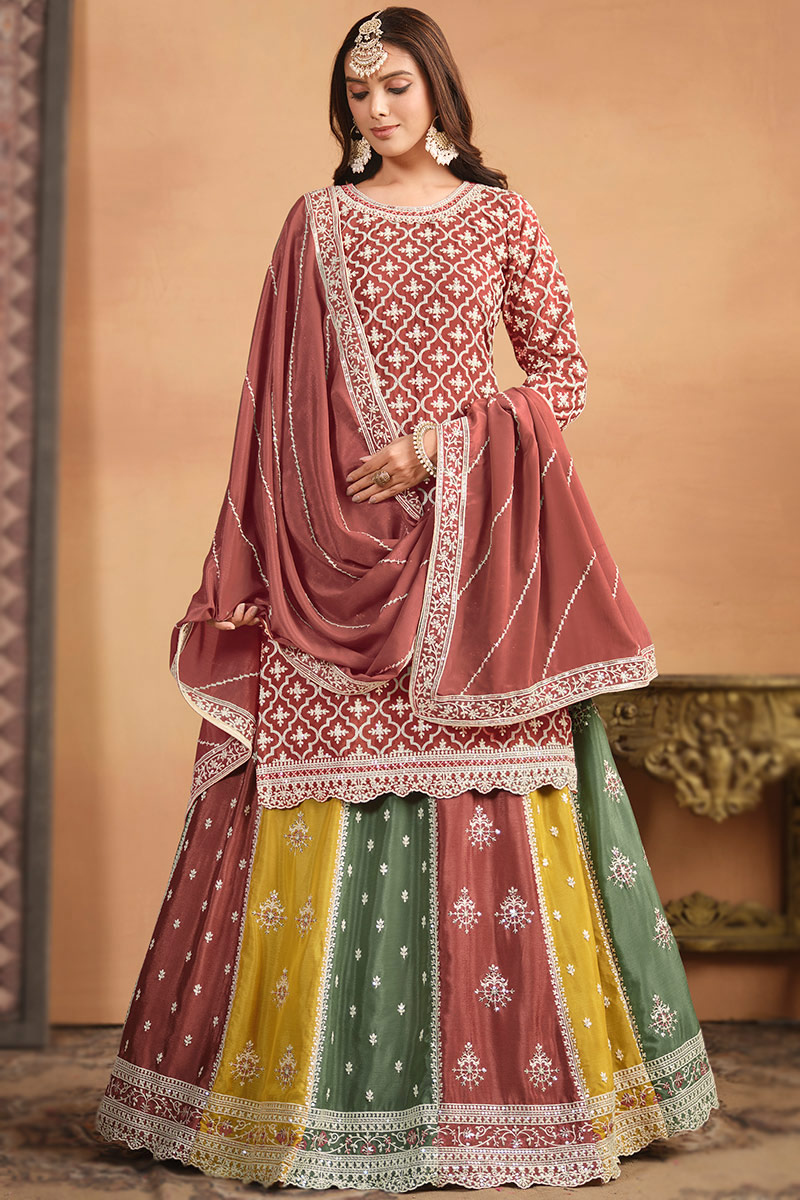Chinnon Multi Color Embroidered Long Choli Lehenga 