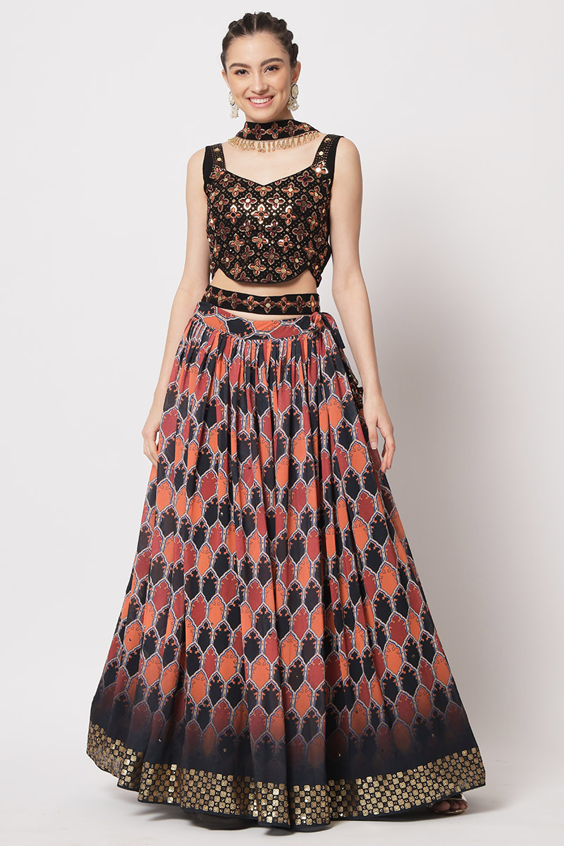 Chinnon Multi Color Printed Flared Style Lehenga