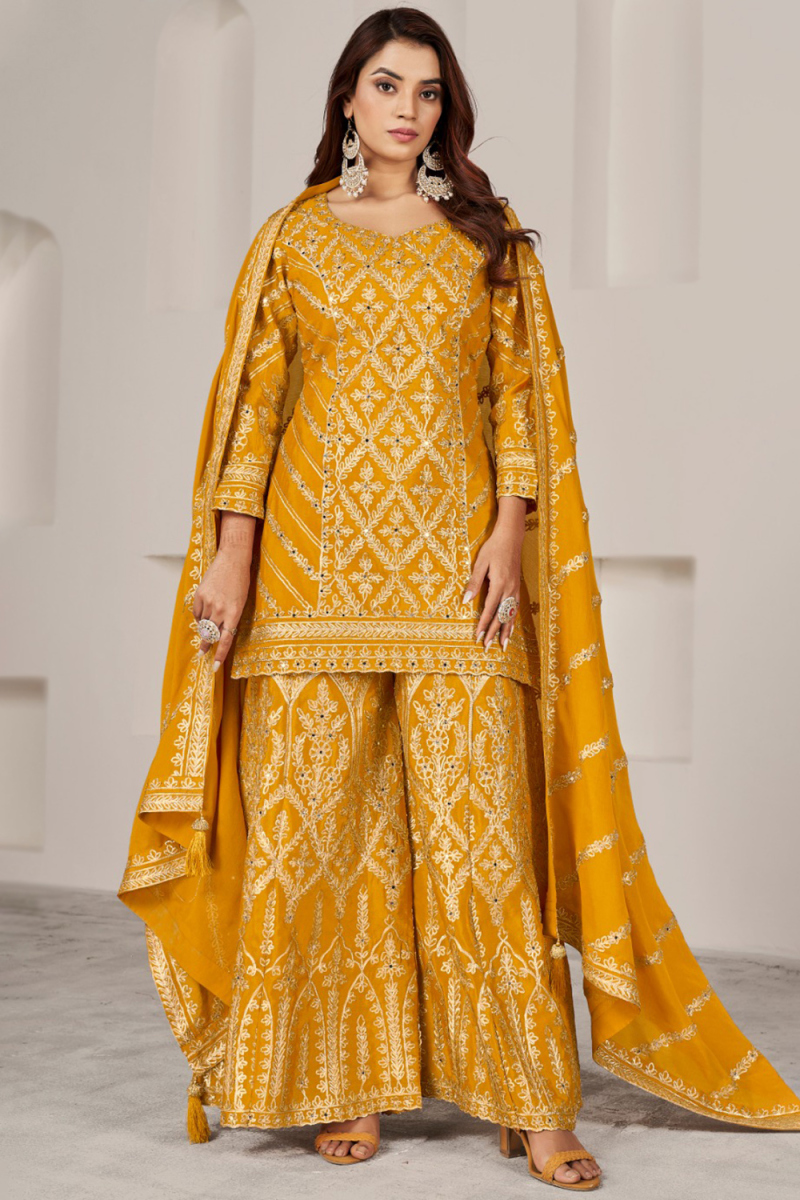 Mustard Yellow Chinnon Silk Embroidered Palazzo Suit main image 1