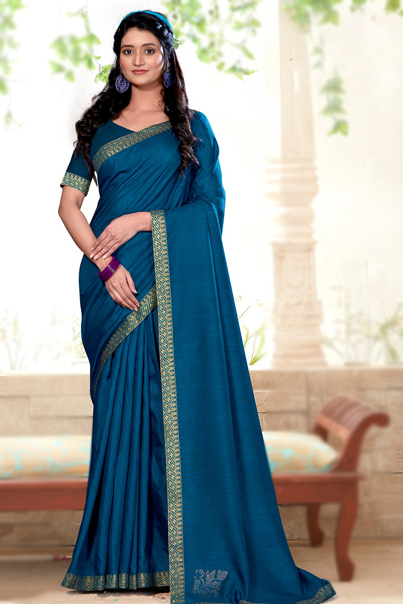 $129 - $193 - Aqua Blue Bollywood Plain Saree and Aqua Blue Bollywood Plain  Sari Online Shopping