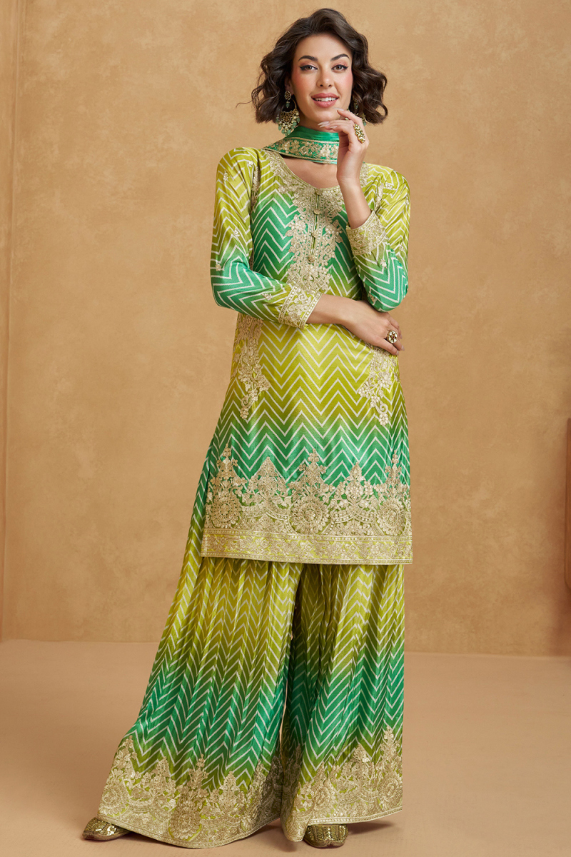 Chinnon Pear Green Sharara Suit with Printed Work for Diwali