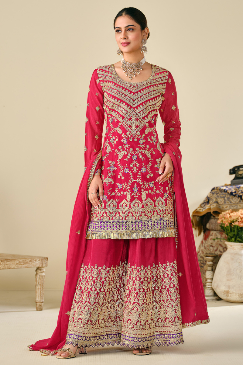 Chinnon Ruby Red Embroidered Straight Cut Sharara Suit 