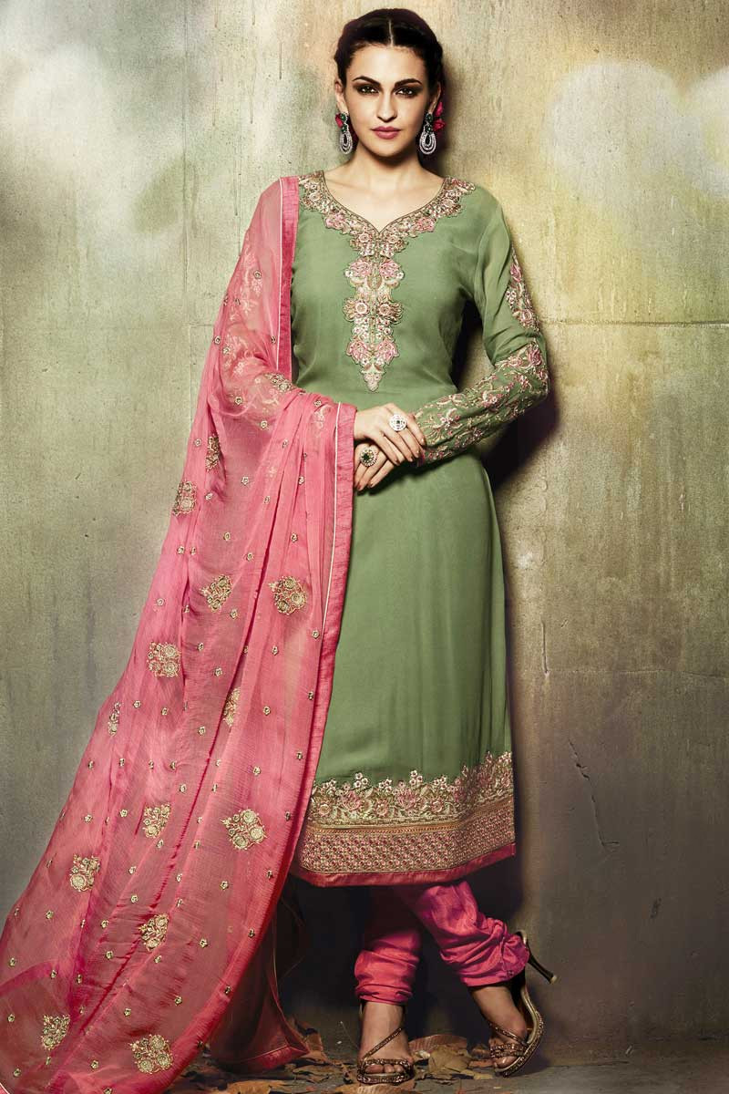 Suitsme online collection Churidar georgette cheap asian suits Green resham embroidered