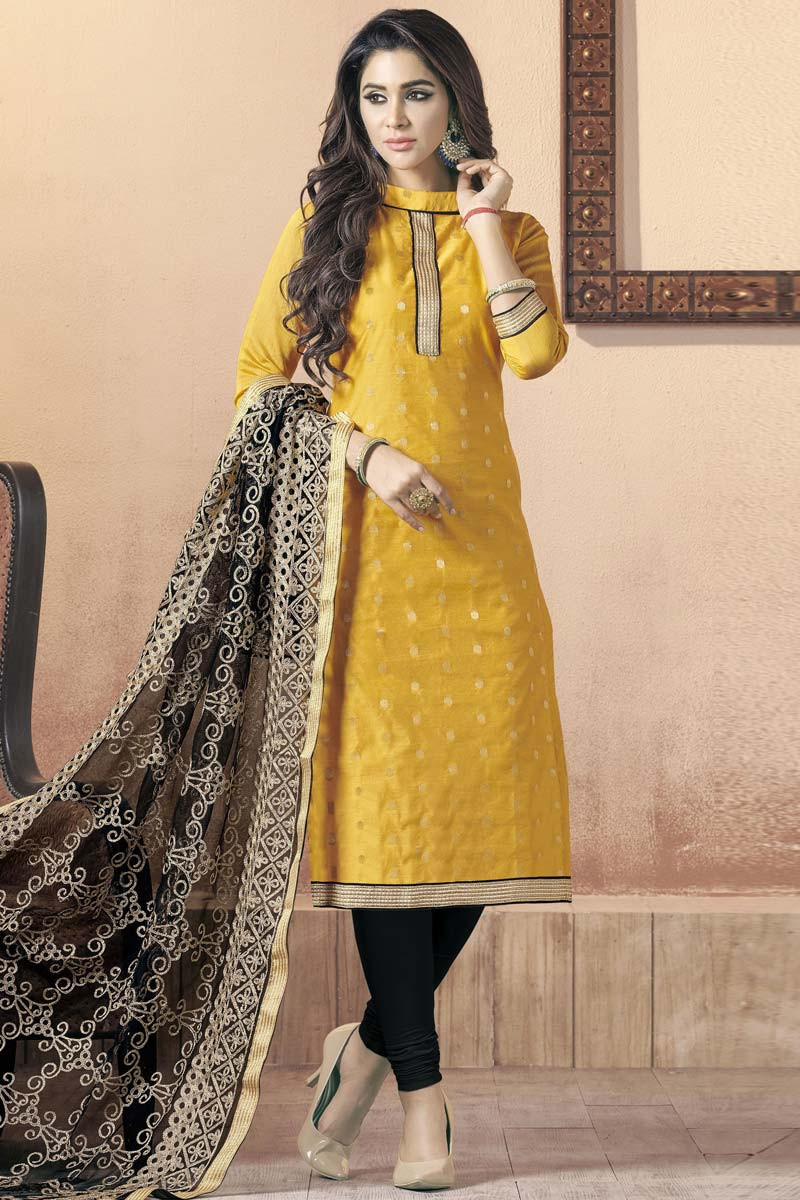Online Wedding Hand Embroidered Yellow Churidar Suit LSTV0683