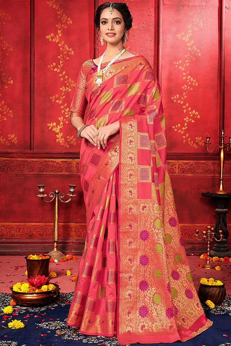 Coral Peach Banarasi Silk Saree