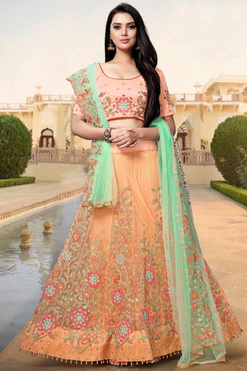 Coral Peach Net Lehenga with Silk Choli