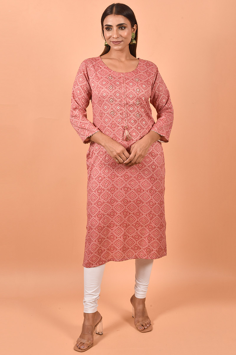 Coral Pink Casual Wear Sequins Embroidered Kurti in Cotton