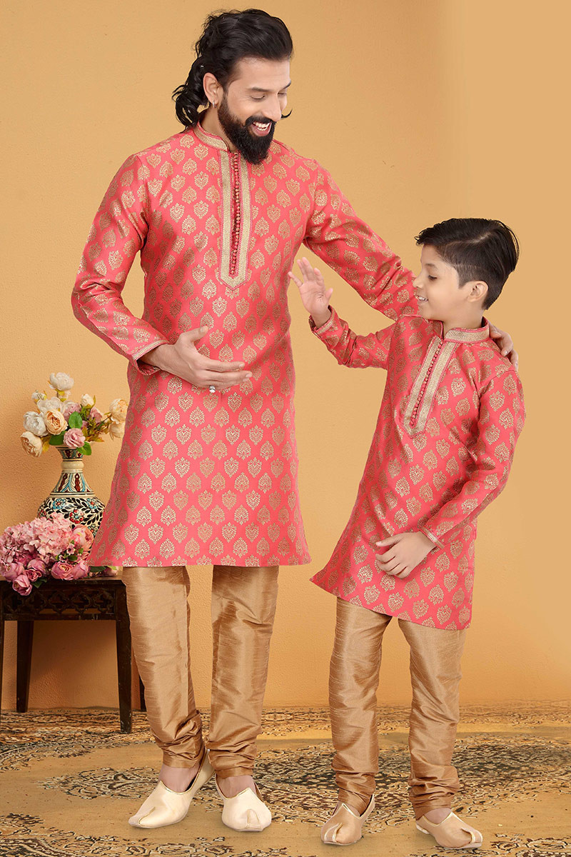 Coral Pink Jacquard Father Son Duo Kurta Pajama