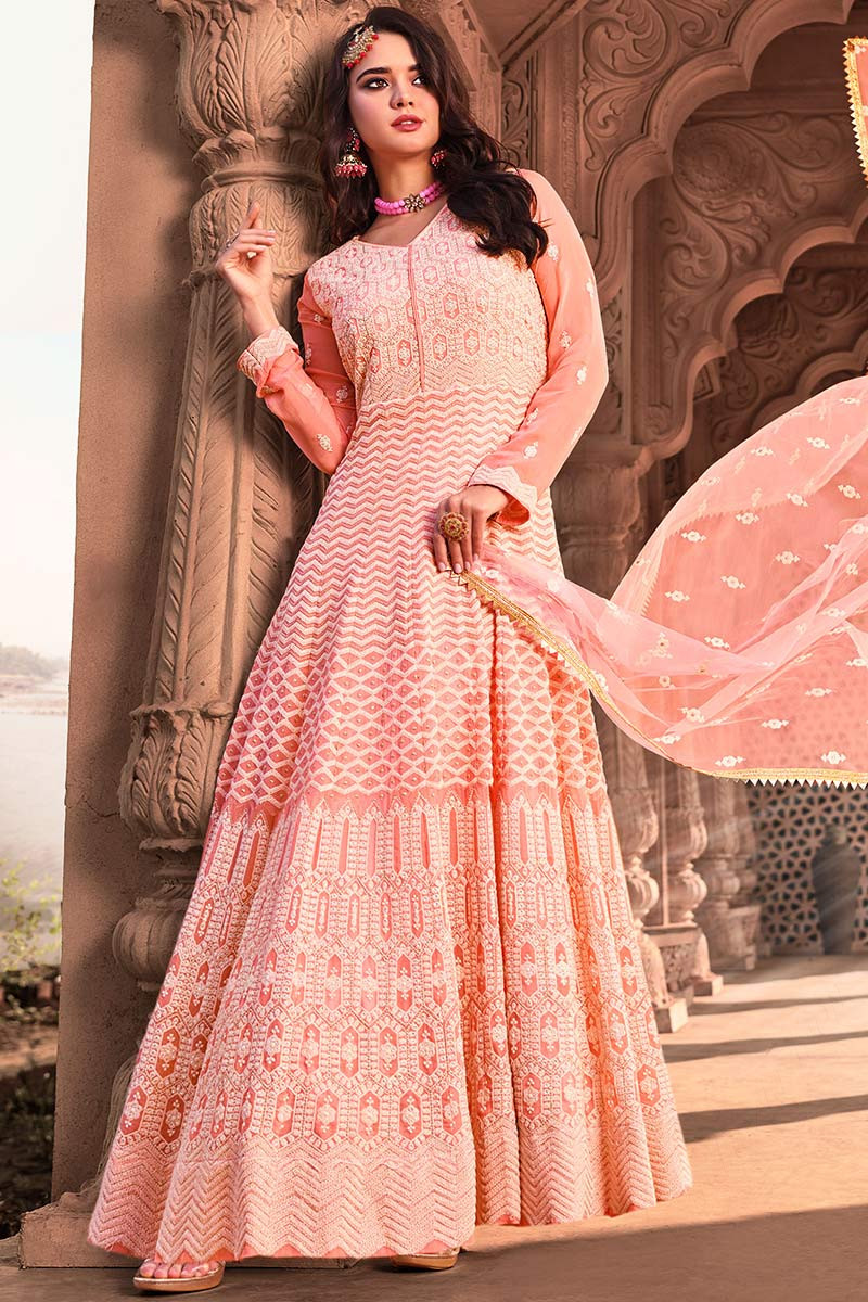 Shyamal Chikan Hand Embroidered Peach Viscose Georgette Lucknowi Chika