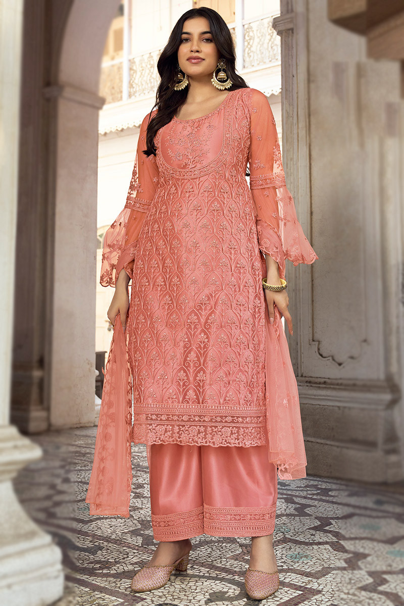 Coral Pink Net Straight Cut Palazzo Suit