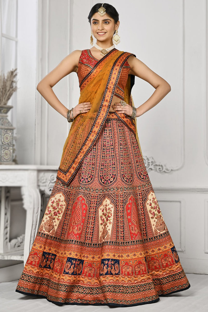 Coral Pink Printed Panelled Style Satin Silk Lehenga