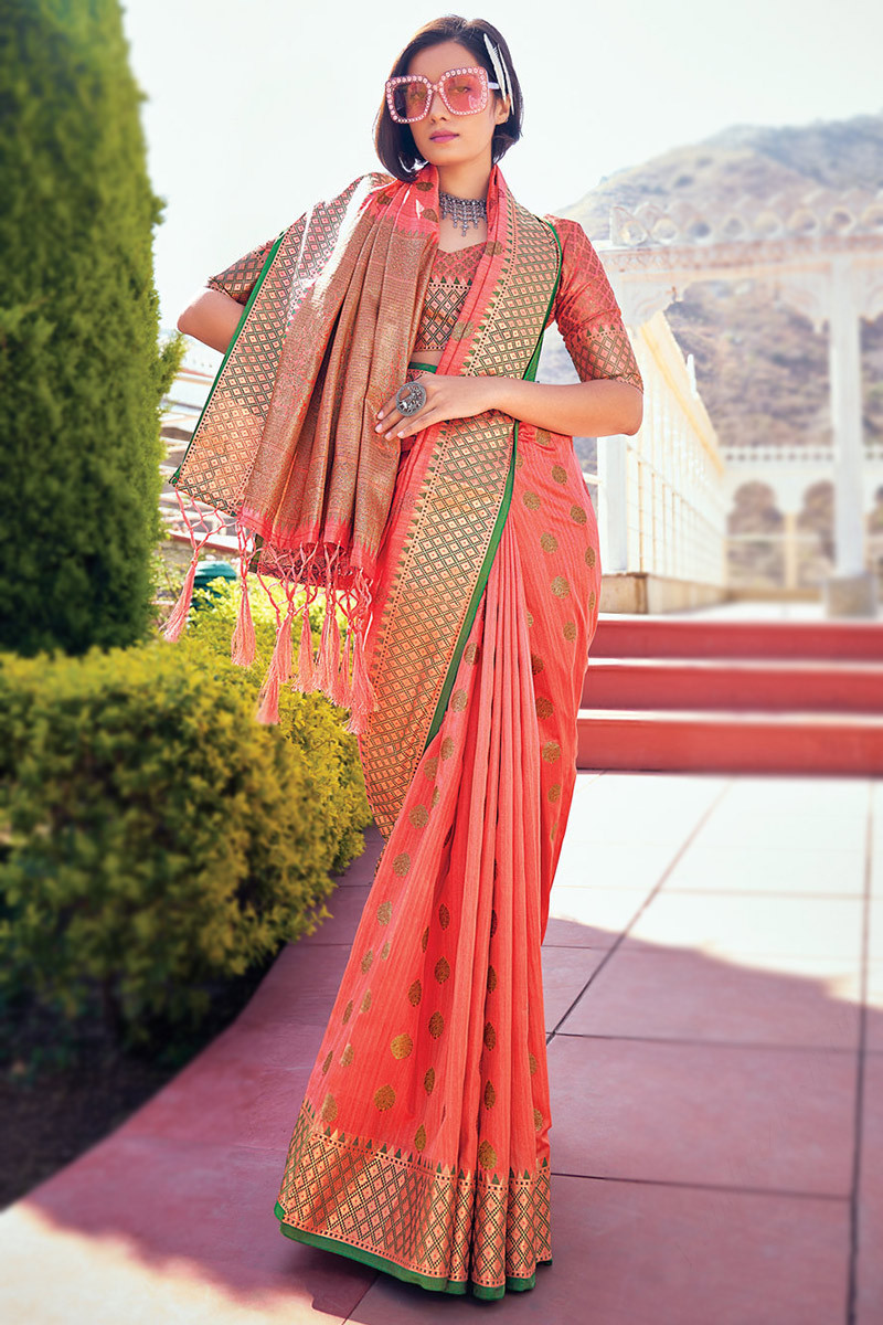 Coral Pink Silk Saree|SARV148862