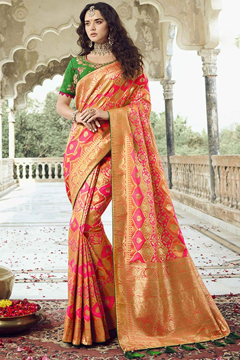 Coral Pink Banarasi Silk Saree with Banglori Silk Blouse