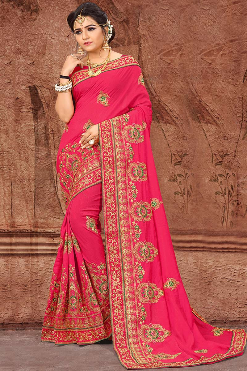 Coral Heavy Embroidered Wedding Saree