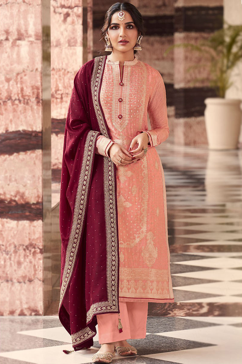 Coral Pink Silk Woven Zari Straight Pant Suit