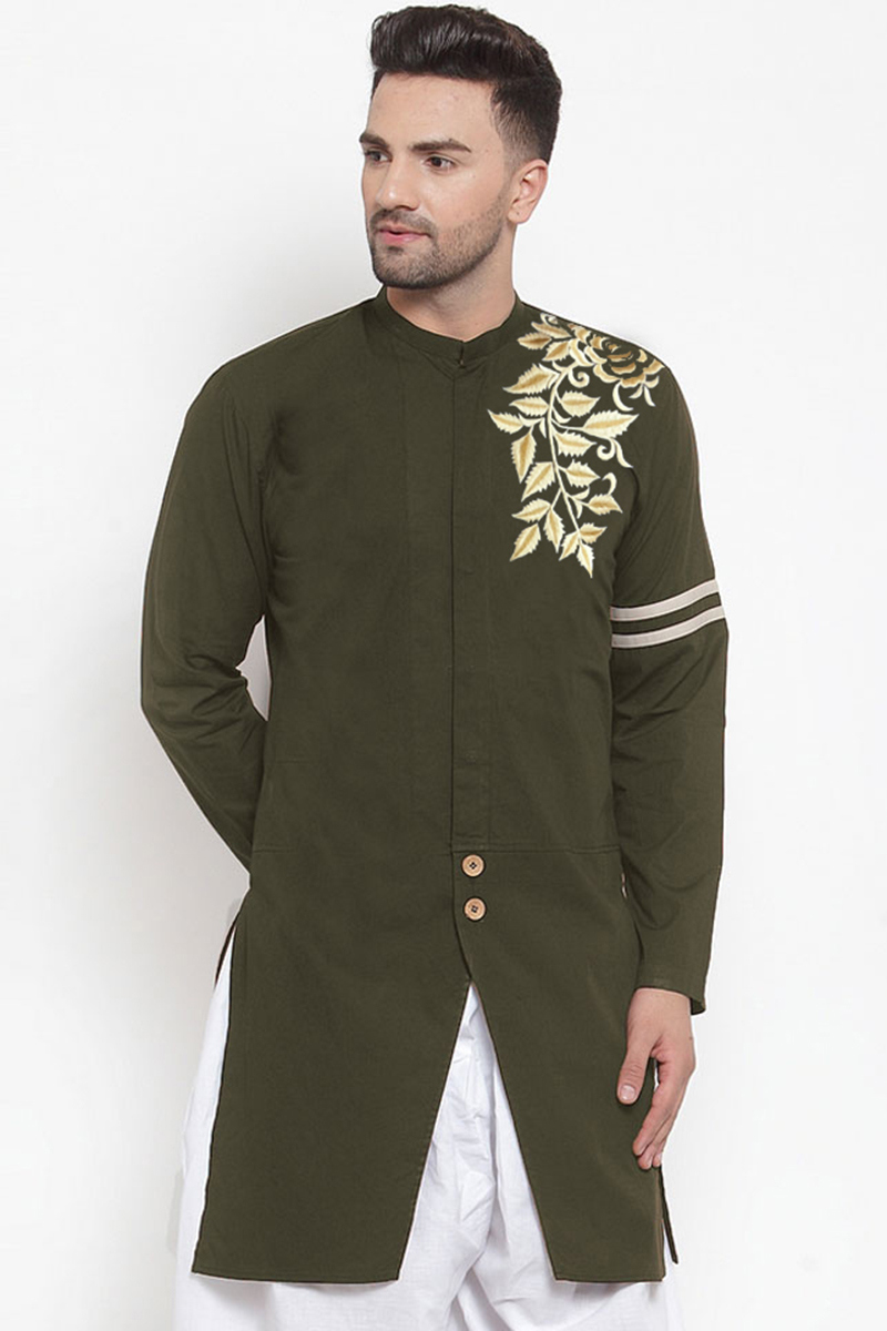 Cotton Army Green Men Kurta