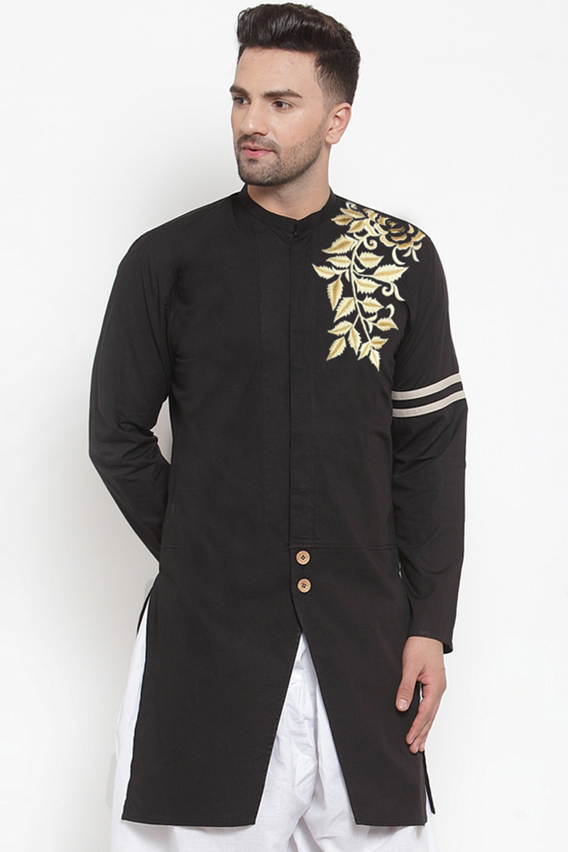 Black Cotton Men Kurta for Wedding Wear with Resham embroidery