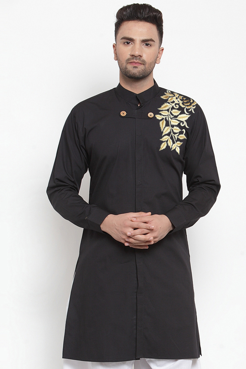 Men Kurta in Black Cotton for Wedding Wear with Resham embroidery