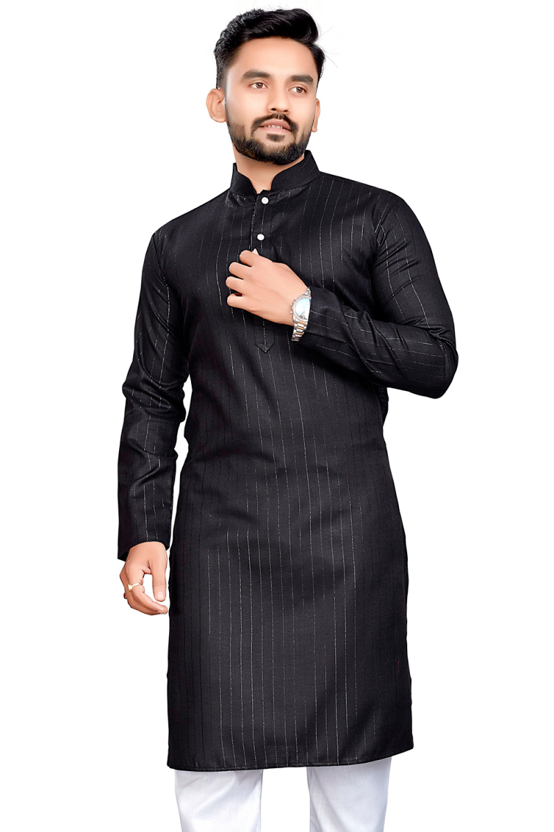 Cotton Black Weaved Lurex Thread Straight Cut Men's Kurta 