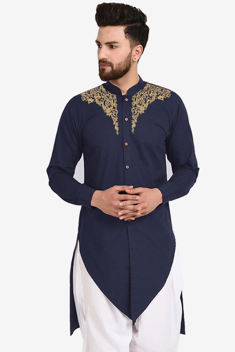 Men Kurta in Navy Blue Cotton for Party Wear with Zari embroidery