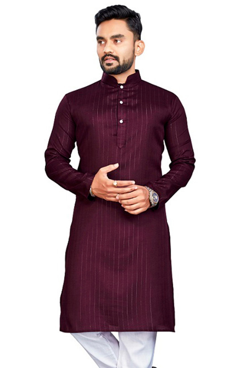 Cotton Burgundy Maroon Weaved Lurex Thread Straight Cut Men's Kurta 
