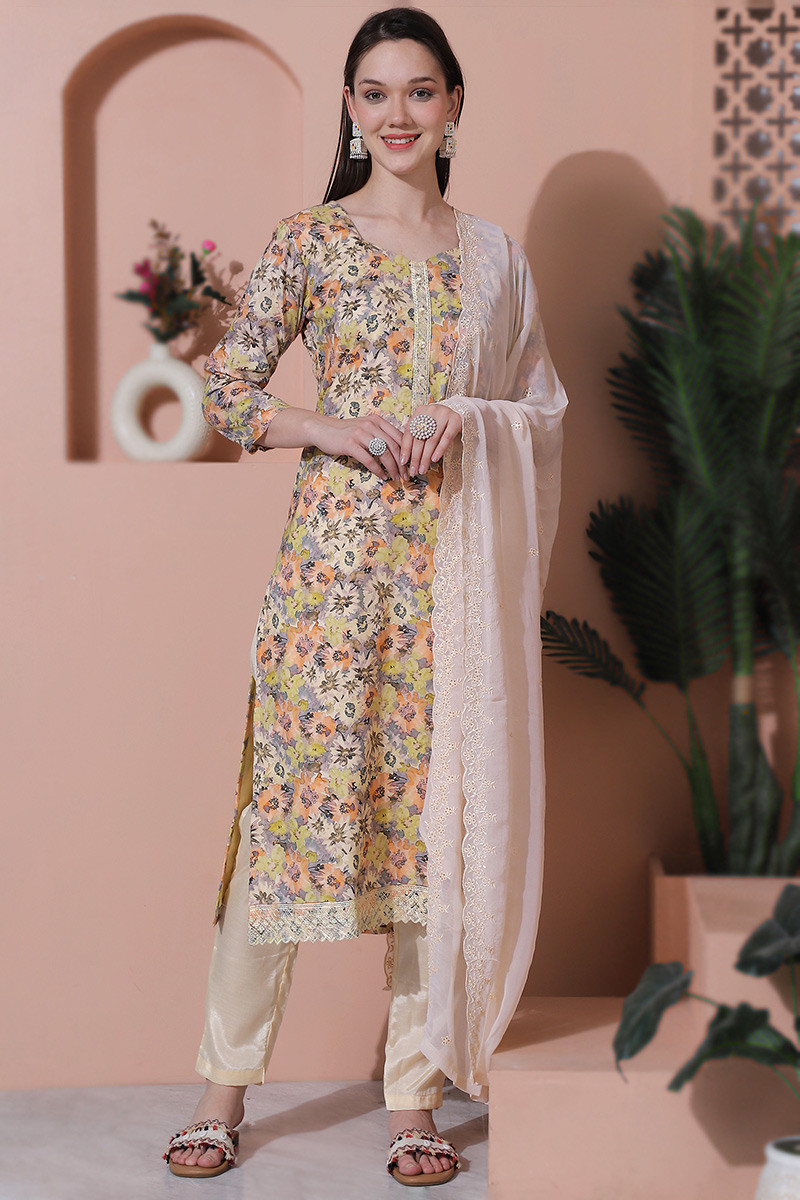 Cotton Cream Beige Printed Straight Cut Casual Wear Suit