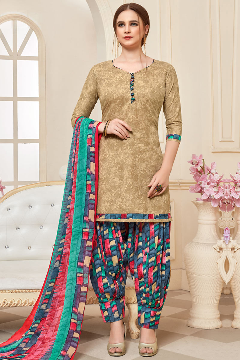 Cotton Dark Beige Patiala Suit With Print