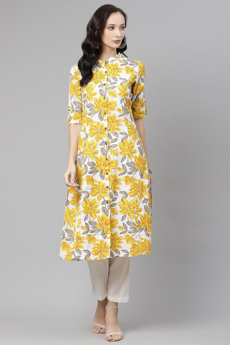 Cotton Floral Printed White Kurti