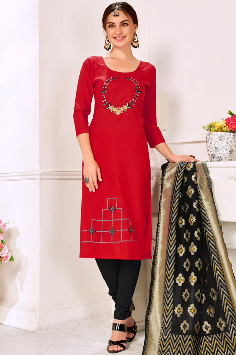 Buy Cotton Indian Churidar Salwar Kameez In Red Colour Online