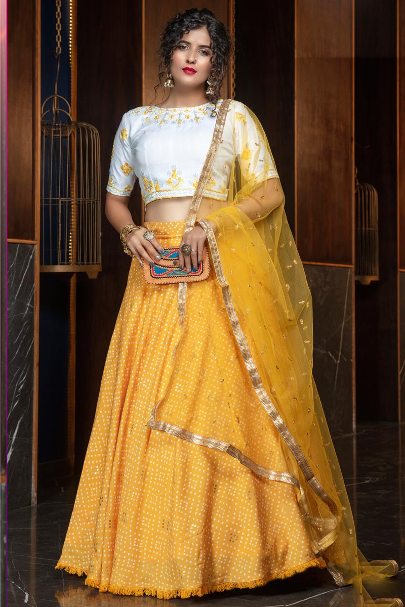 Buy Traditional Wear Yellow Mirror Work Rayon Cotton Lehenga Choli Online  From Surat Wholesale Shop.