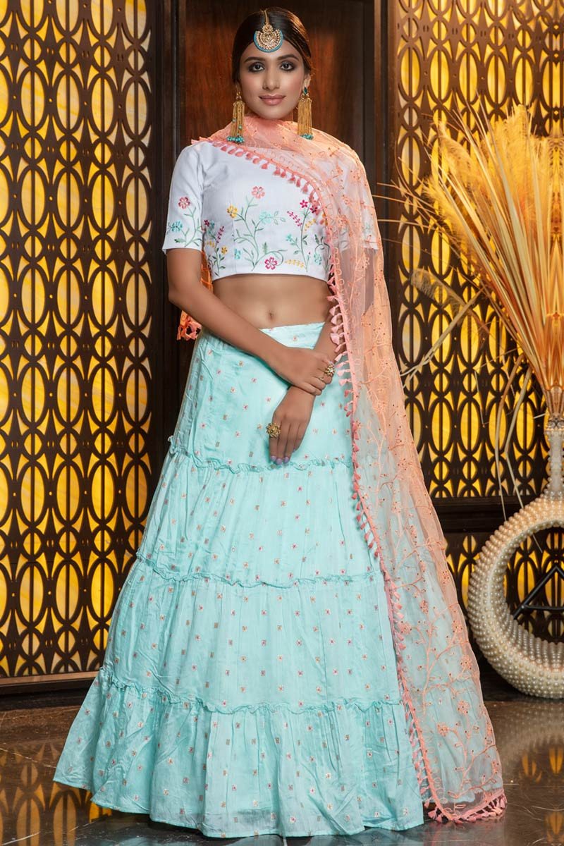cotton indian wear lehenga choli in sky blue color llcv01888