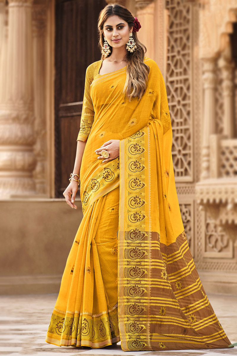 Gold Yellow Saree With Unstitched Blouse Piece – Estie Couture