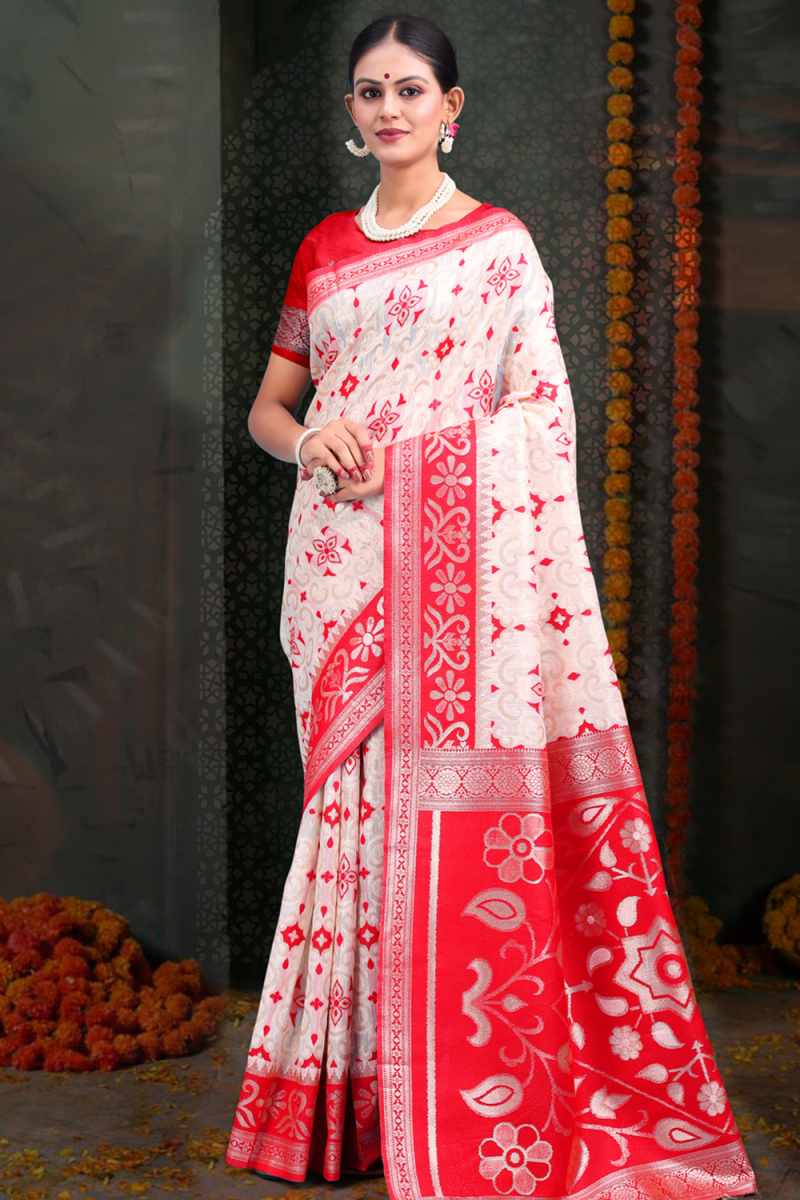 Cotton Off White Weaved Broad Border Saree