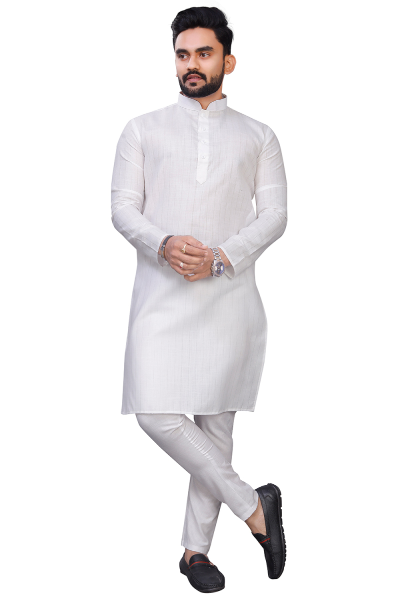 Cotton Off White Weaved Lurex Thread Straight Cut Men's Kurta Pajama 