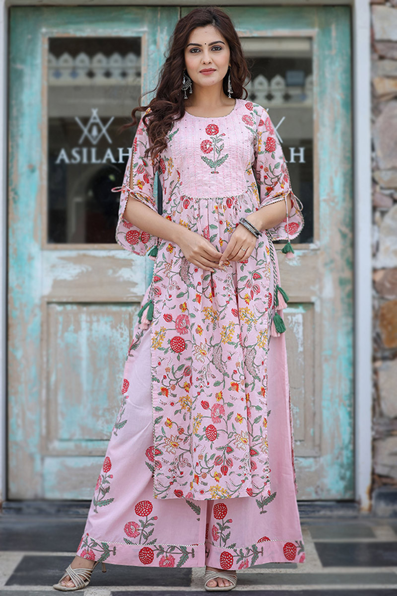 Cotton Printed Light Pink Straight Cut Palazzo Suit