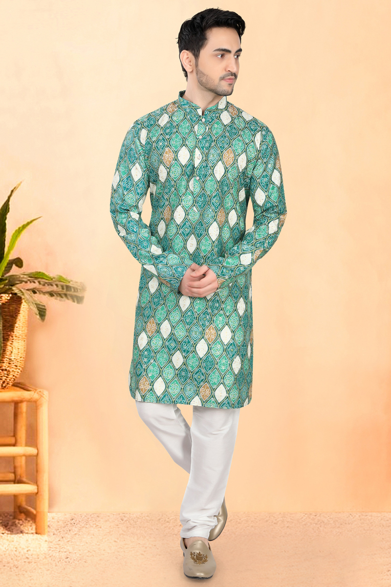Cotton Rayon Teal Green Bandhej Printed Men’s Kurta Churidar