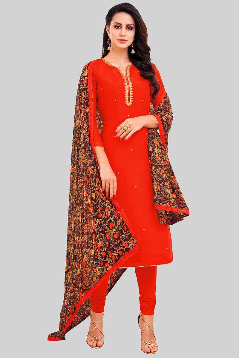 Cotton Red Churidar Suit