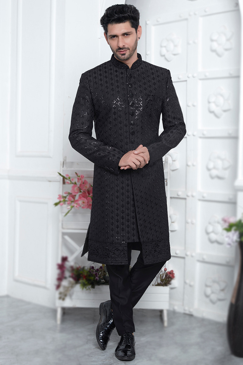 Cotton Silk Black Sequins Embroidered Straight Cut Men s Sherwani
